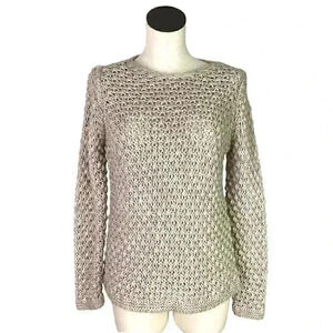 Elsamanda Womens M Open Weave Pullover Sweater Khaki Wool Blend LS Sparkle Italy